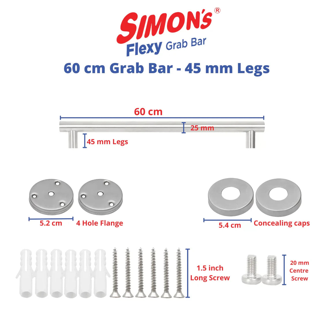 Simon's Flexy 304 Stainless Steel Grab bar for Bathroom and Toilet Safety Handle of Elderly People with 2 Legs - ( 45 - 60 cm)