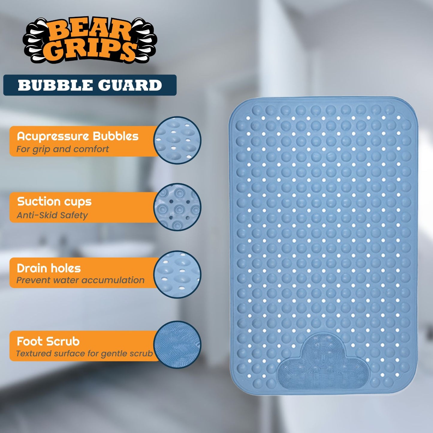 Simon's BubbleGuard Anti-Slip Bathroom Shower mat with Anti-Skid Suction Cups and Foot Scrub