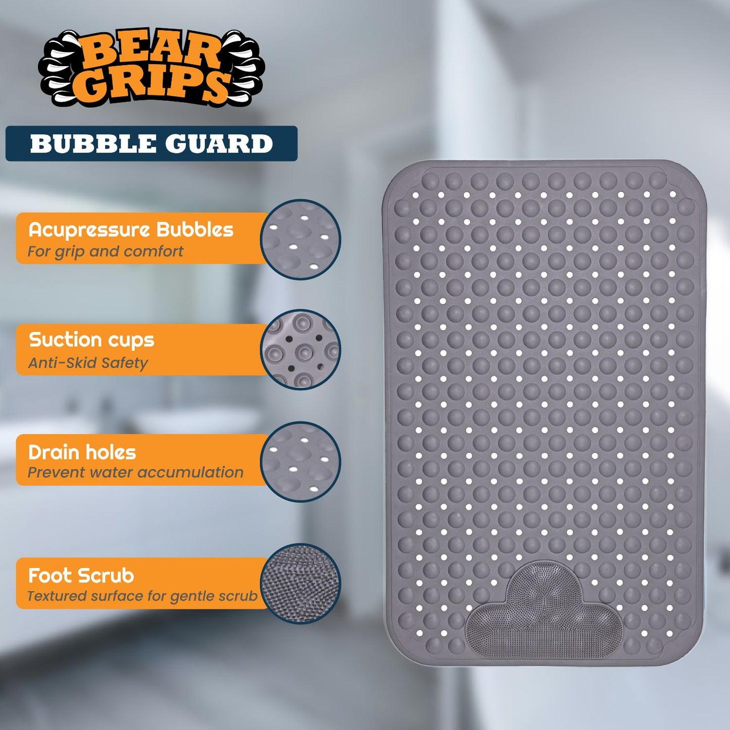 Simon's BubbleGuard Anti-Slip Bathroom Shower mat with Anti-Skid Suction Cups and Foot Scrub