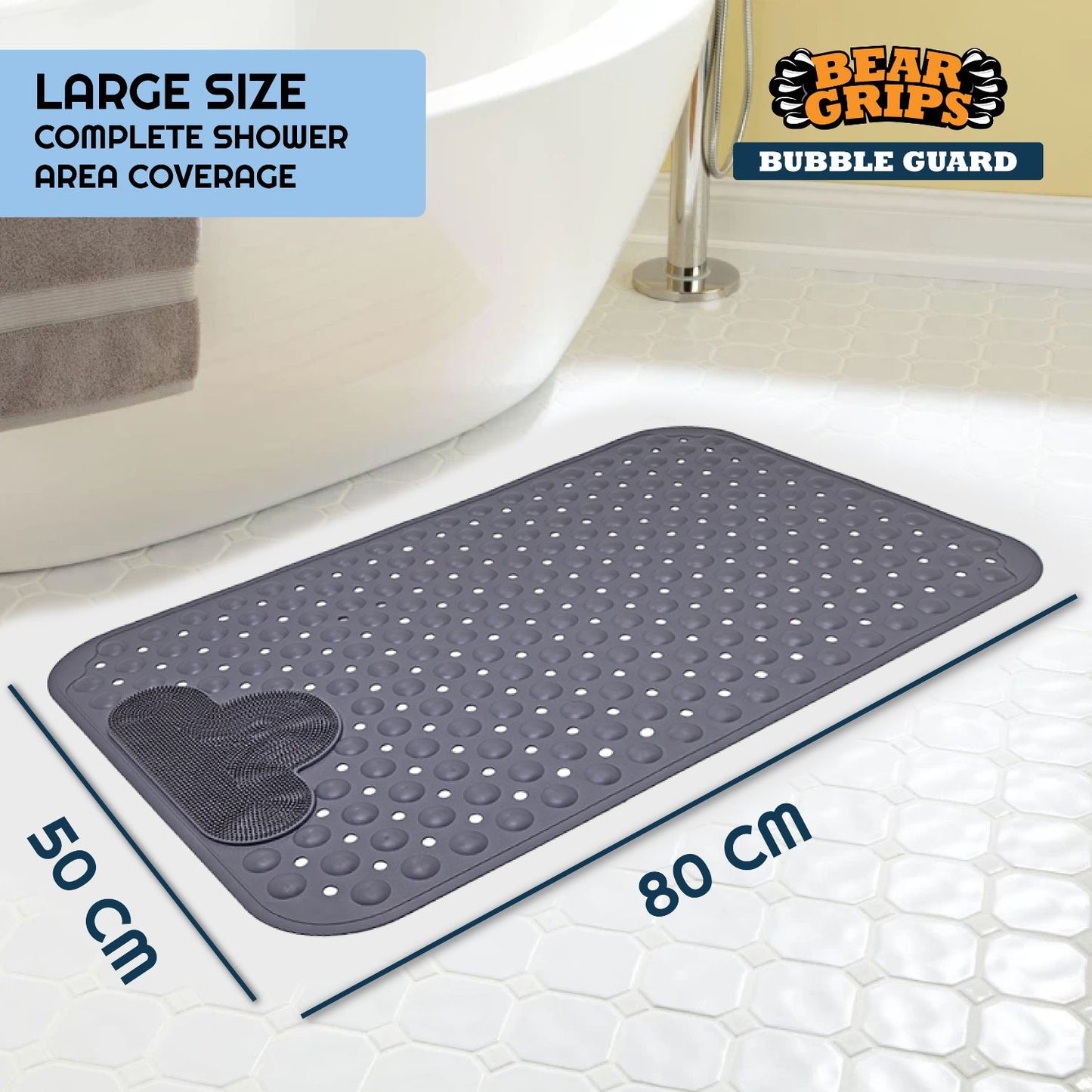 Simon's BubbleGuard Anti-Slip Bathroom Shower mat with Anti-Skid Suction Cups and Foot Scrub