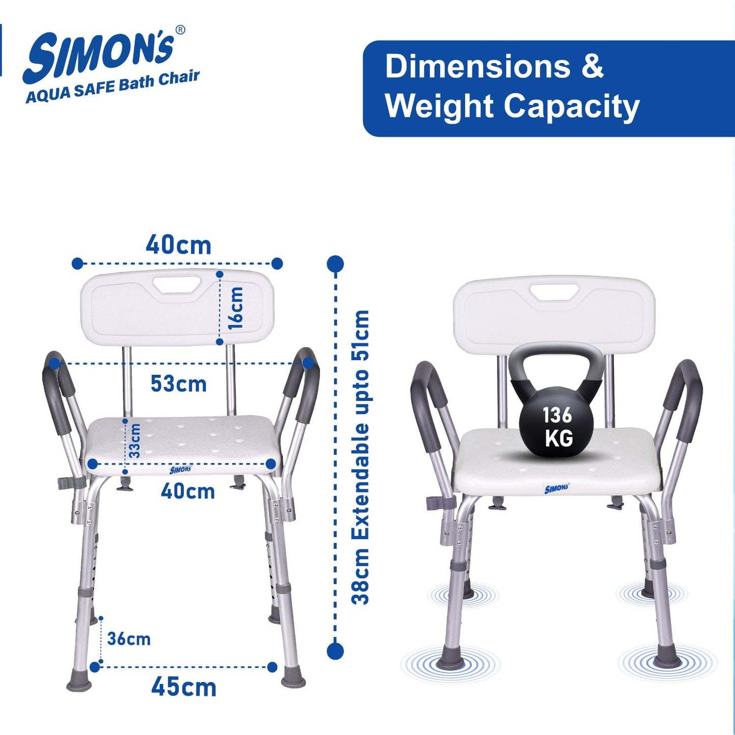 Portable Lightweight Bath Shower Chair with backrest and Side Liftable Handles