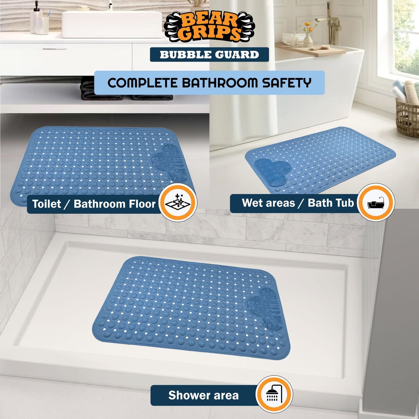 Simon's BubbleGuard Anti-Slip Bathroom Shower mat with Anti-Skid Suction Cups and Foot Scrub