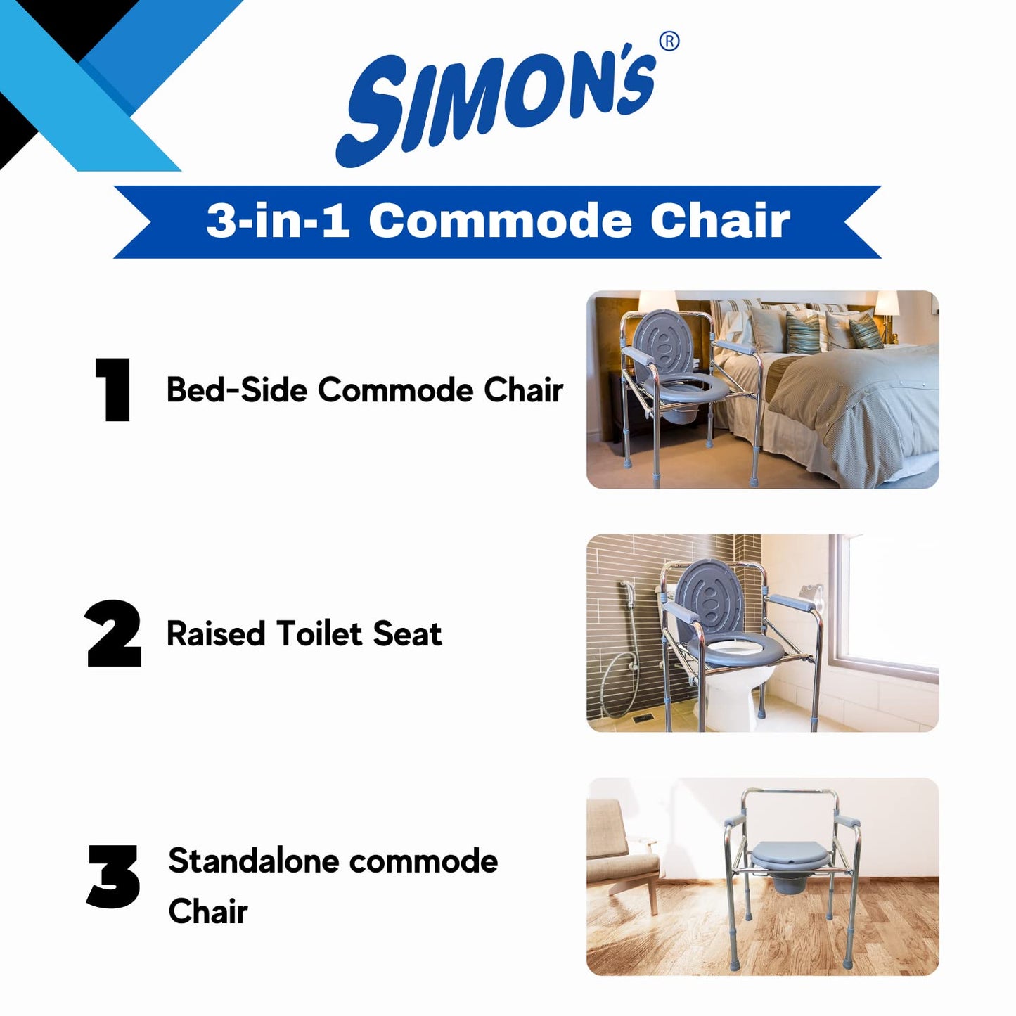 Simon’s Classic folding 3-in-1 commode chair, Raised toilet seat, Bed side commode for elderly| Height Adjustable | Heavy Duty frame