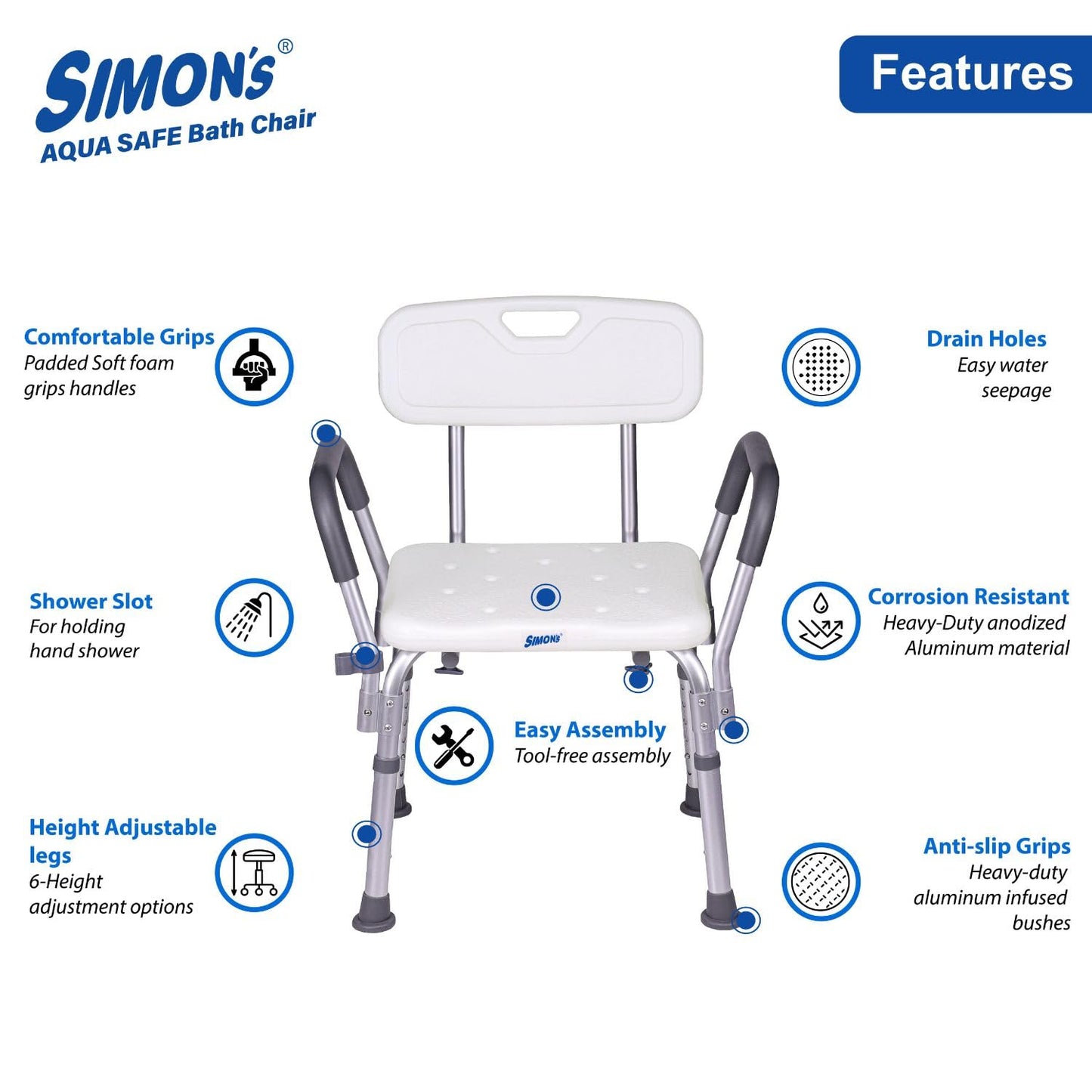 Portable Lightweight Bath Shower Chair with backrest and Side Liftable Handles