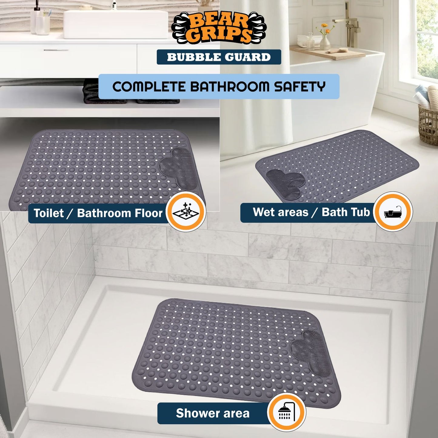 Simon's BubbleGuard Anti-Slip Bathroom Shower mat with Anti-Skid Suction Cups and Foot Scrub