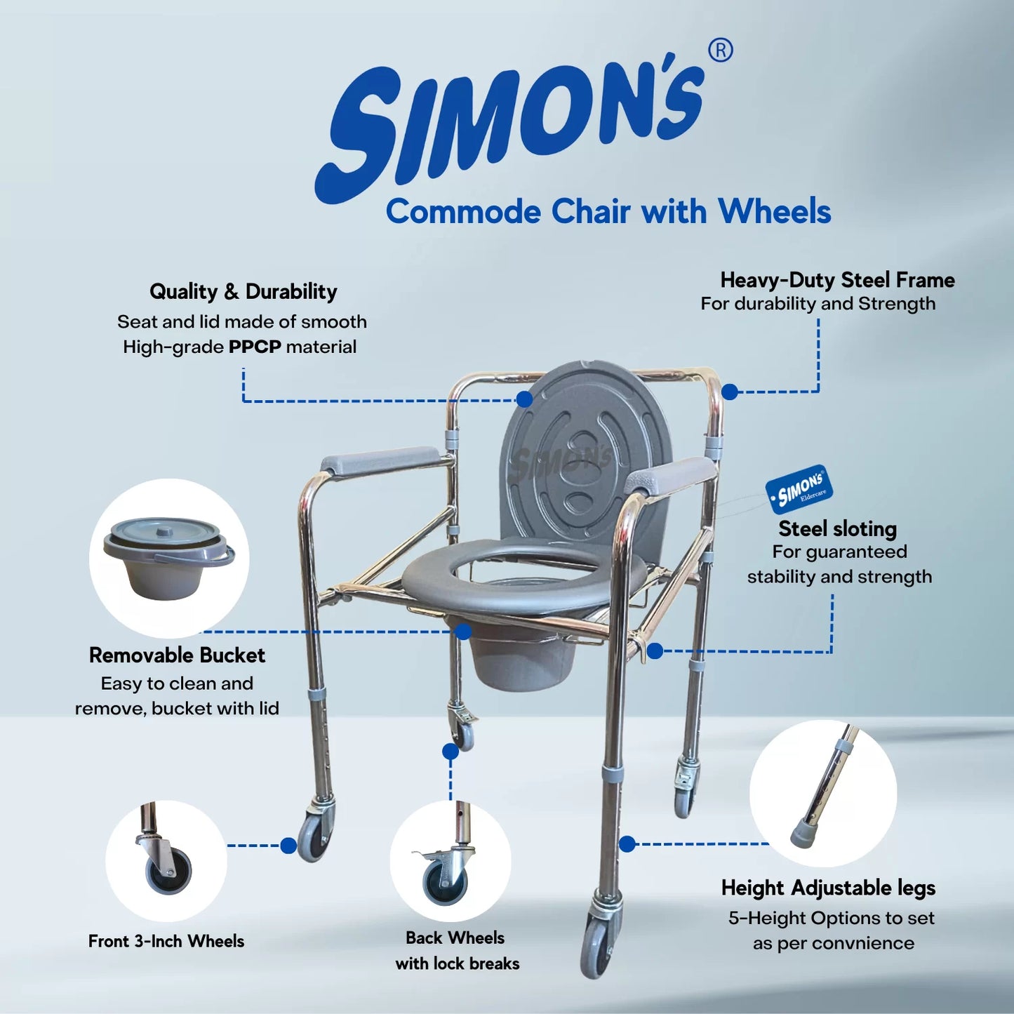 Simon’s Classic folding 4-in-1 commode chair with wheels, Raised toilet seat, Bed side commode for elderly, Wheelchair | Height Adjustable | Heavy Duty frame