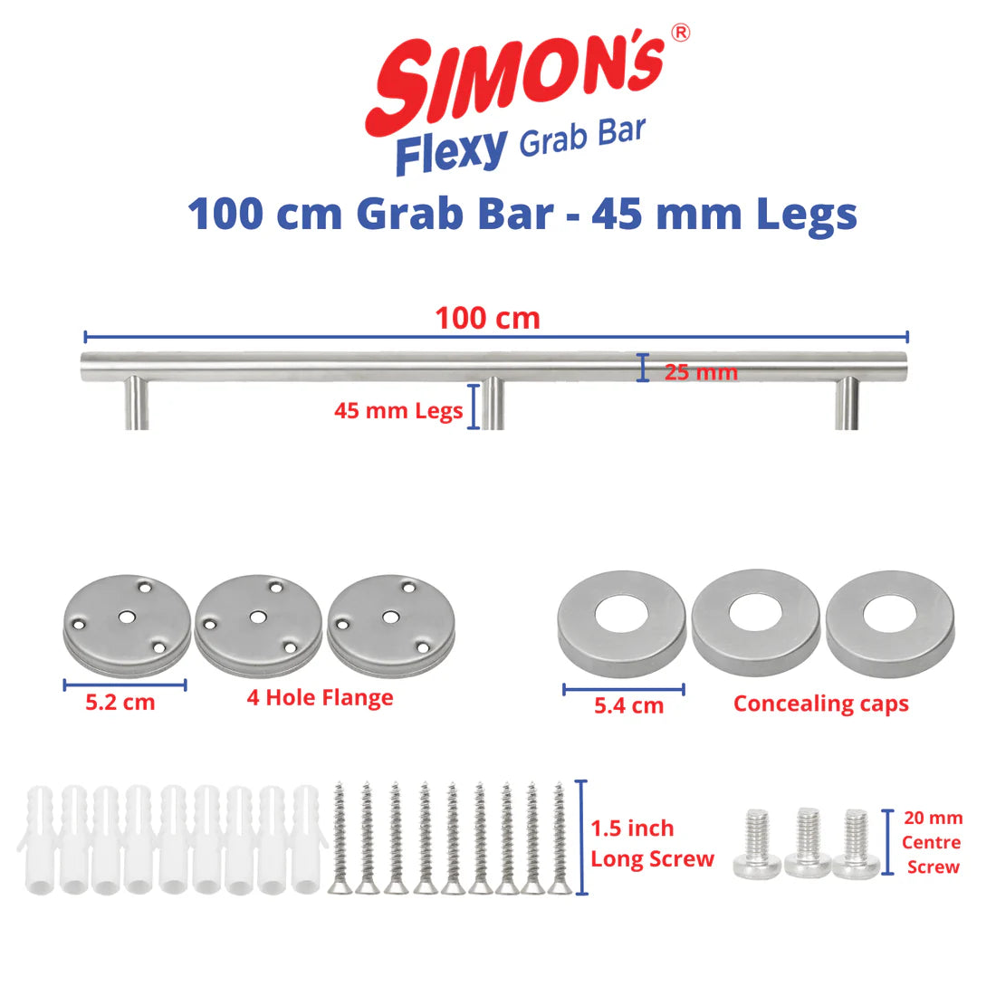 Simon's Flexy 304 Stainless Steel Grab bar for Bathroom and Toilet Safety Handle of Elderly People - (75cm – 100cm)
