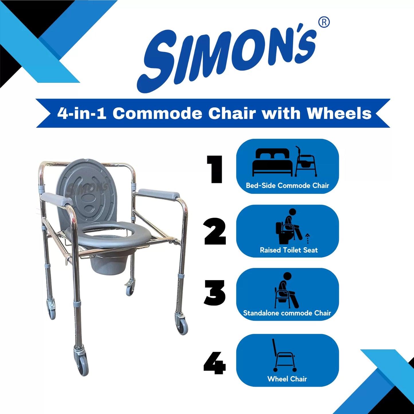 Simon’s Classic folding 4-in-1 commode chair with wheels, Raised toilet seat, Bed side commode for elderly, Wheelchair | Height Adjustable | Heavy Duty frame