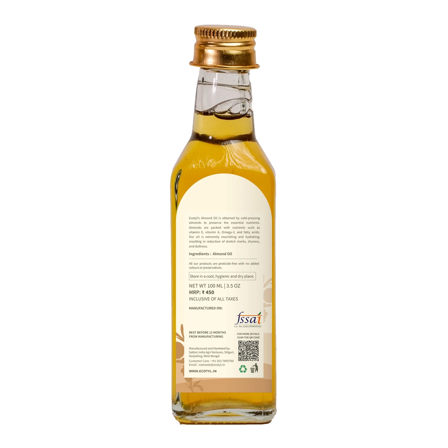 Cold-Pressed Almond Oil (Sweet) | For Haircare & Skincare | 100ml