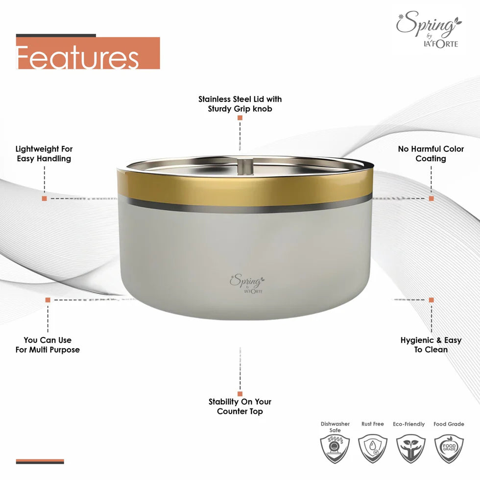 Double Wall Stainless Steel Casserole with Lid | 1200ml Capacity (1700ml Without Lid) | Food-Grade Steel | Multipurpose Serving Bowl | Black & Beige