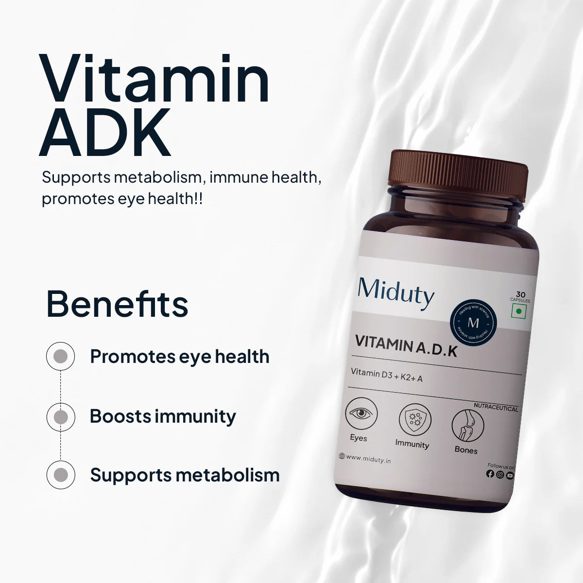 Miduty Vitamin ADK | 5000 IU | Vitamin A, K2 & D3 Capsules