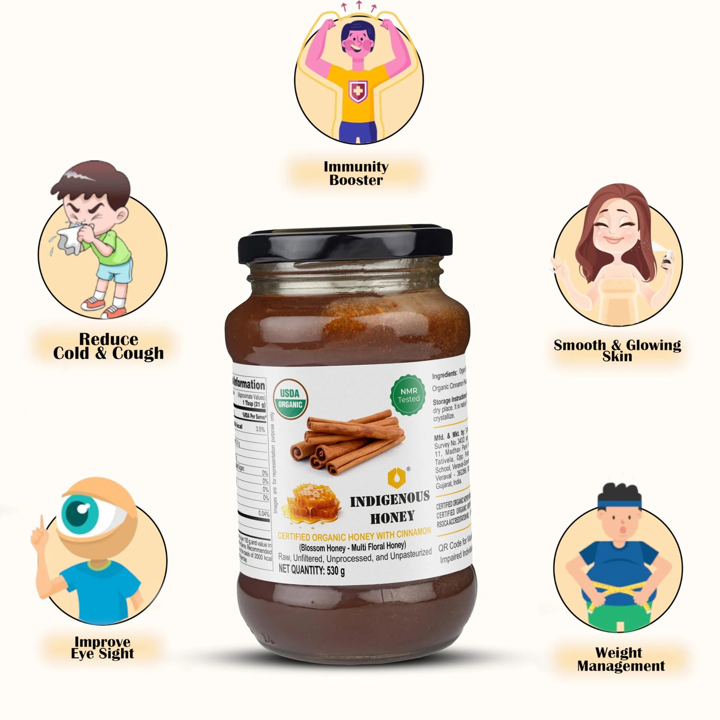 Raw Organic Honey with Infused Cinnamon | Honey Immunity Booster- 530 g Glass Jar