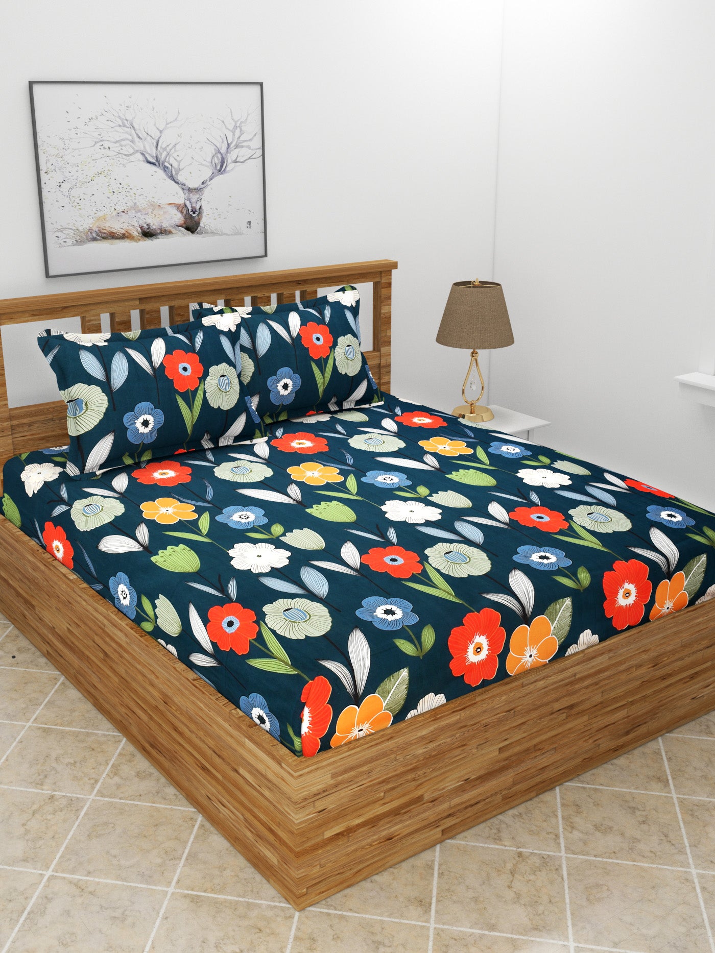 Elastic Fitted Double Bedsheet with 2 Pillow Covers