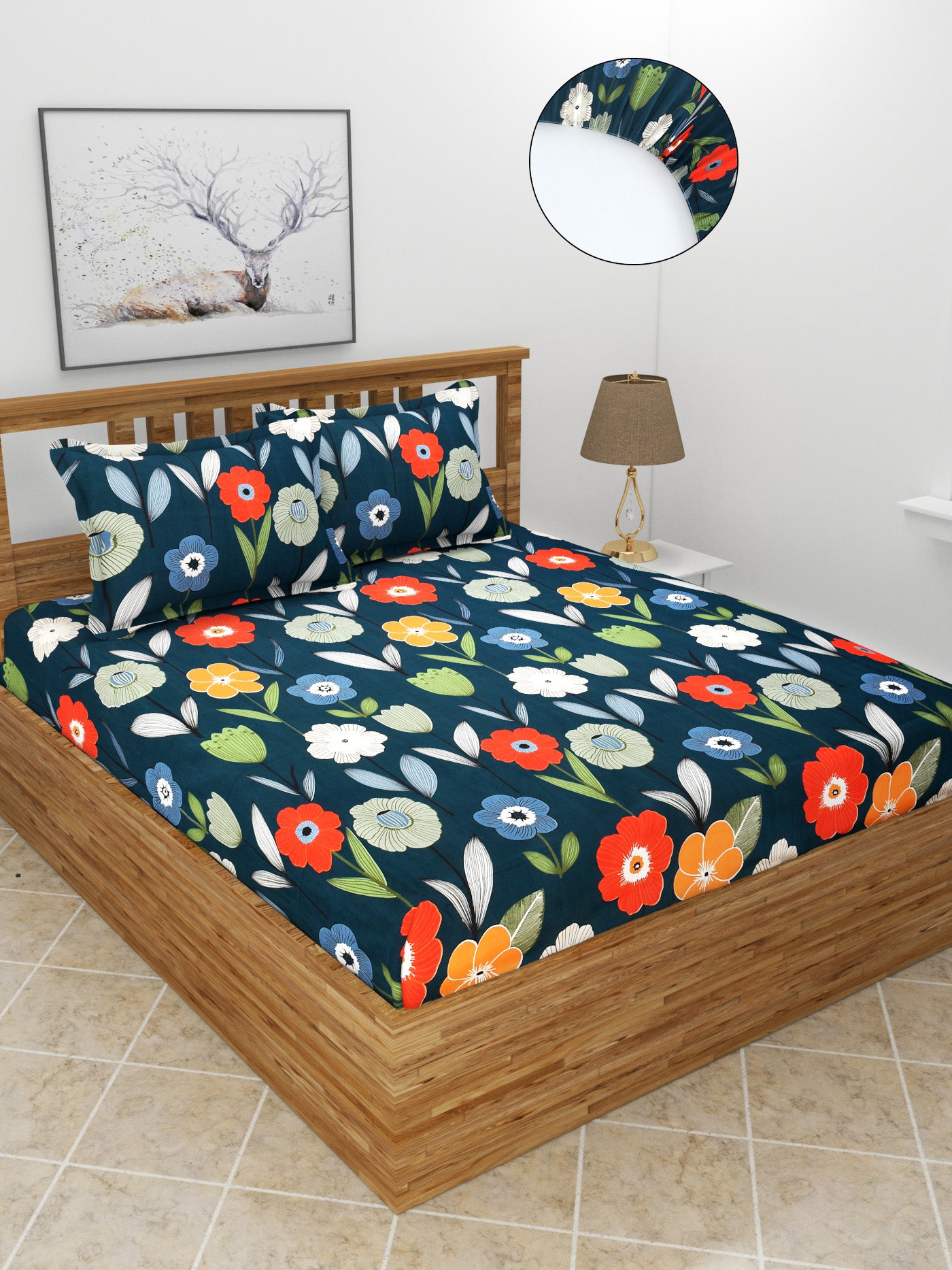 Elastic Fitted Double Bedsheet with 2 Pillow Covers