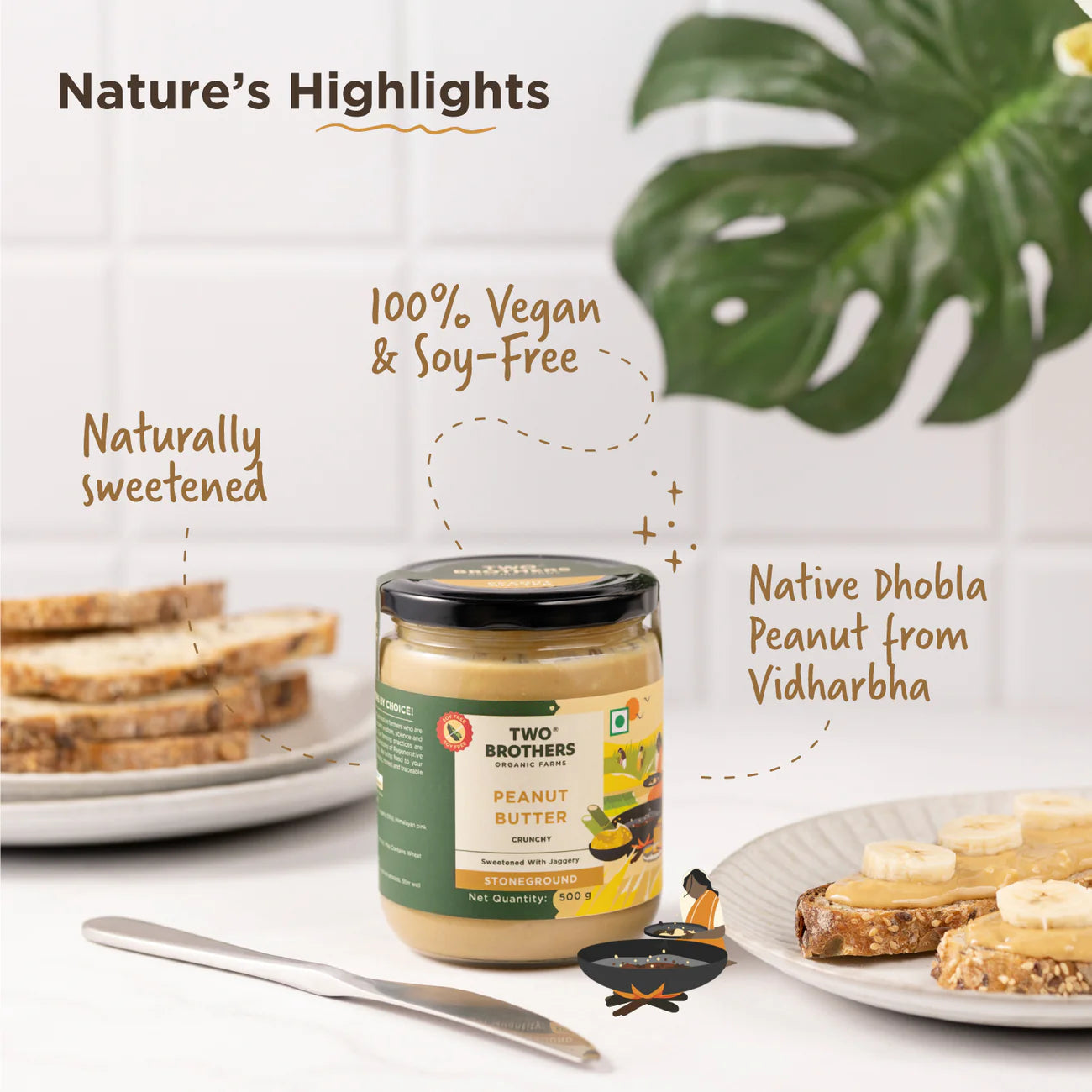 Two Brothers Organic Farms Peanut Butter, Crunchy with Jaggery, Stoneground 500 Gms