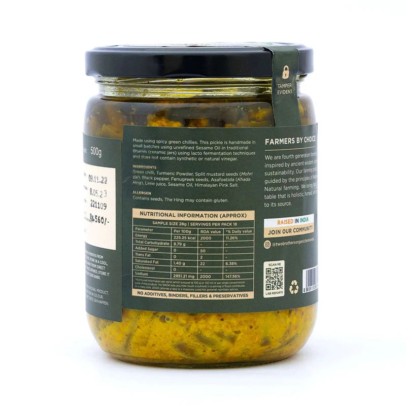 Two Brothers Organic Farms Spicy Green Chilly Pickle (500GM)