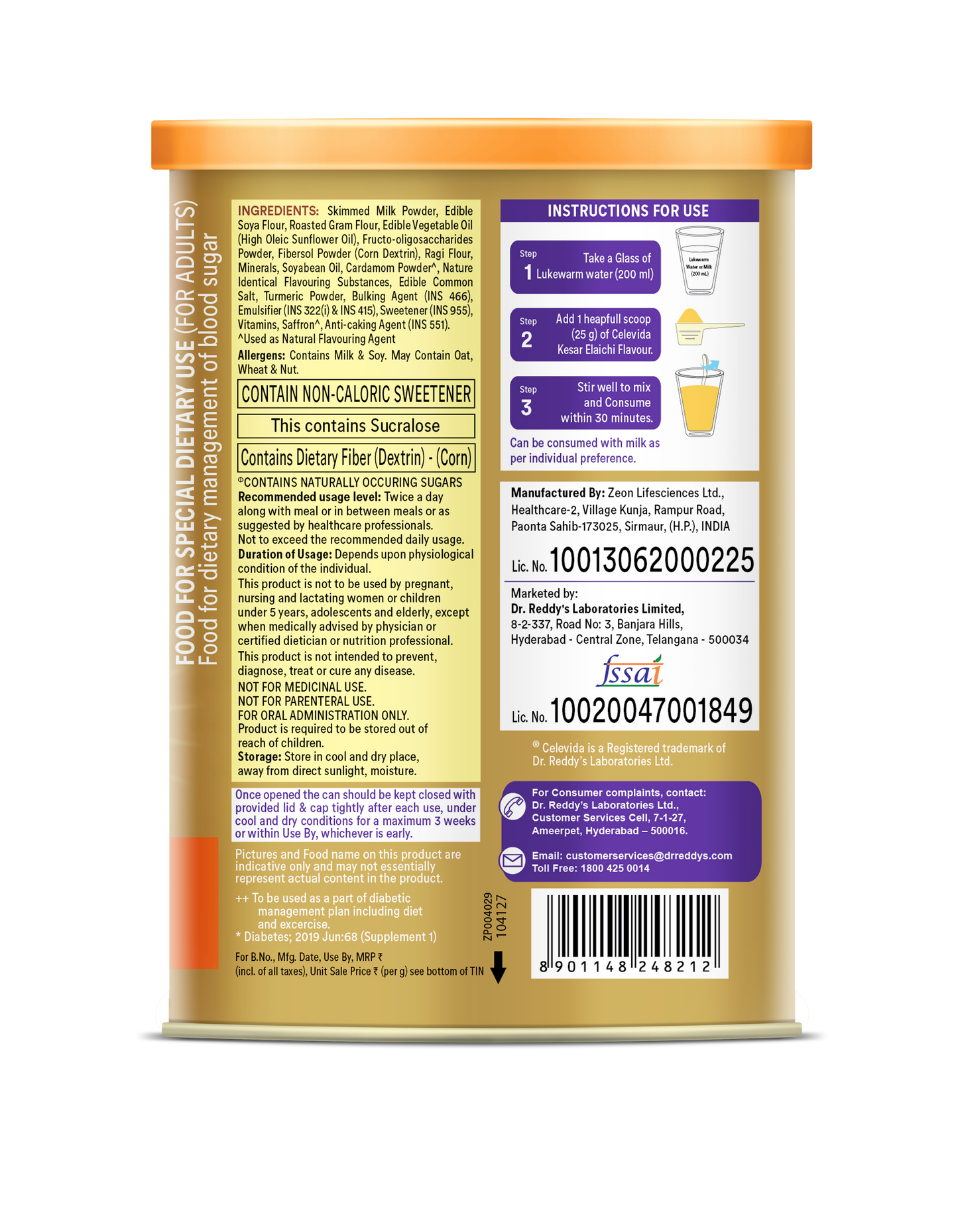 Celevida Protein Powder Drink for Diabetes Management by Dr. Reddy’s | Kesar Elaichi Flavor | No Added Sugar| 400g
