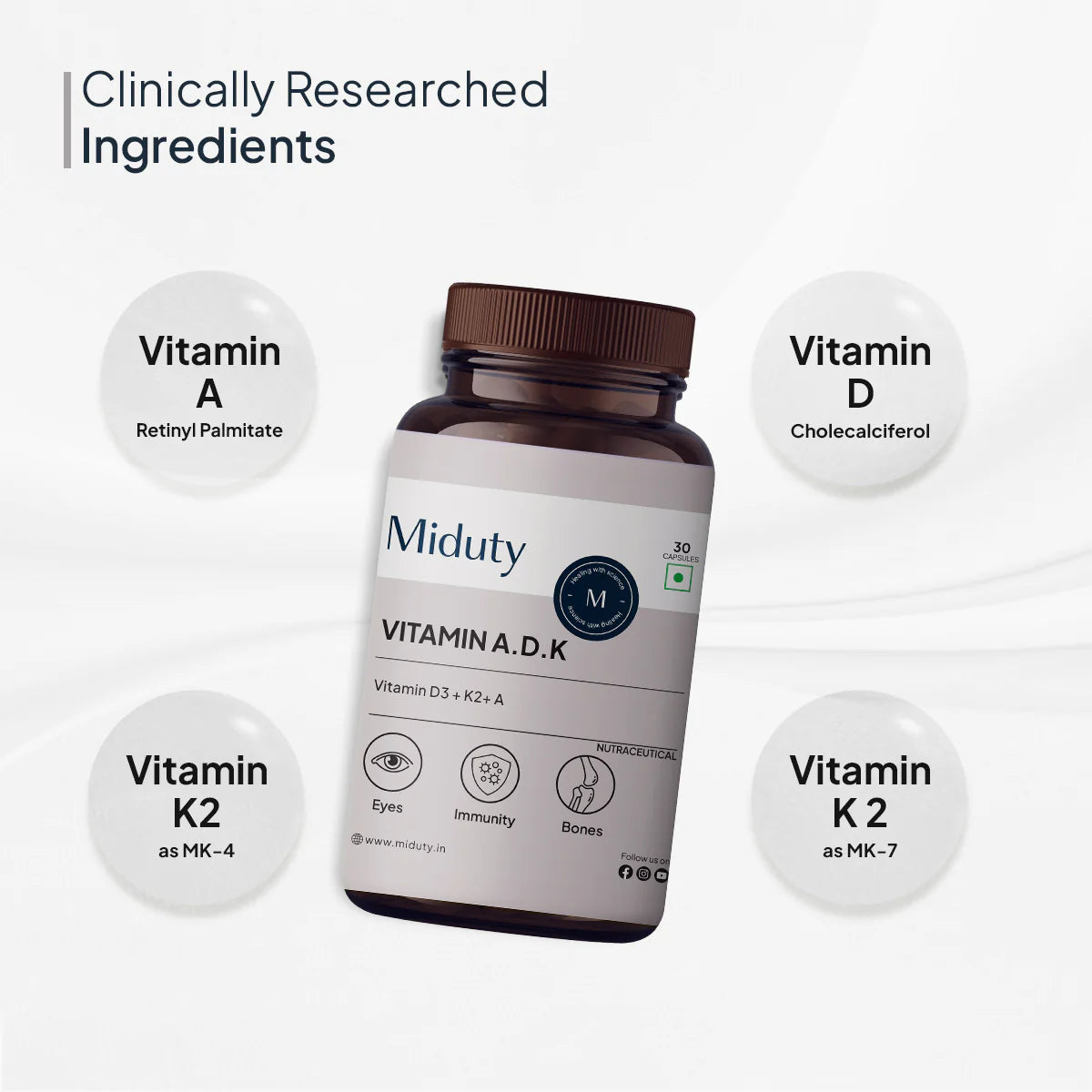 Miduty Vitamin ADK | 5000 IU | Vitamin A, K2 & D3 Capsules