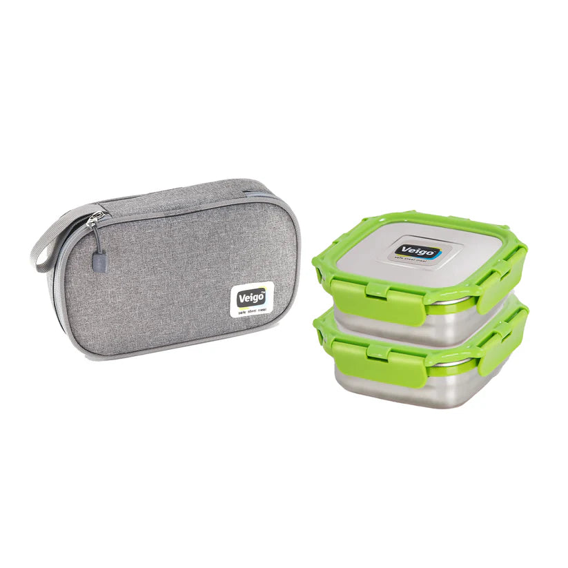 Veigo Daily- Set of 2 Medium Stainless Steel Lunch Boxes in a flat Insulated Pouch