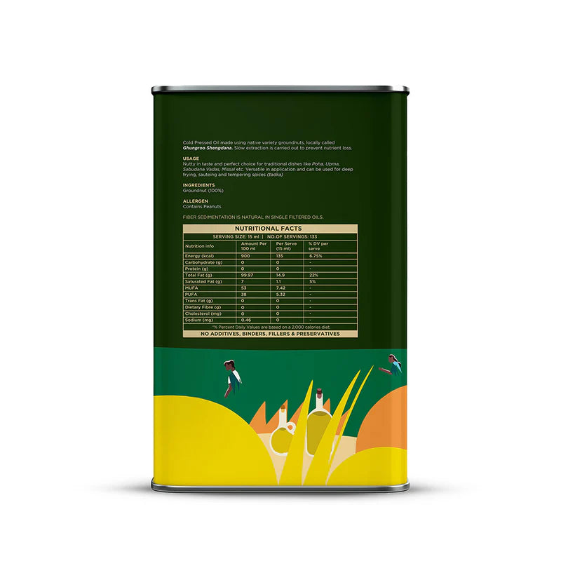 Two Brothers Organic Farms Groundnut Oil, Cold-Pressed, Single-filtered - Tin Can 5 Ltr