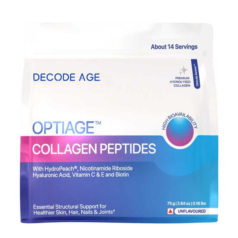 Decode Age OptiAge Collagen Supplement | Supports Hair, Skin, Bone and Joint Health | Type 1 Hydrolysed Collagen, HydroPeach, NR, Vitamin C& E, Hyaluronic Acid, Biotin | 75 gm, 14 Servings