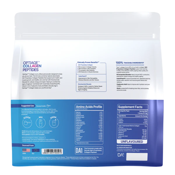 Decode Age OptiAge Collagen Supplement | Supports Hair, Skin, Bone and Joint Health | Type 1 Hydrolysed Collagen, HydroPeach, NR, Vitamin C& E, Hyaluronic Acid, Biotin | 75 gm, 14 Servings
