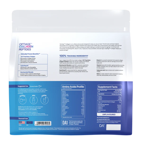 Decode Age OptiAge Collagen Supplement | Supports Hair, Skin, Bone and Joint Health | Type 1 Hydrolysed Collagen, HydroPeach, NR, Vitamin C& E, Hyaluronic Acid, Biotin | 150 gm, 28 Servings