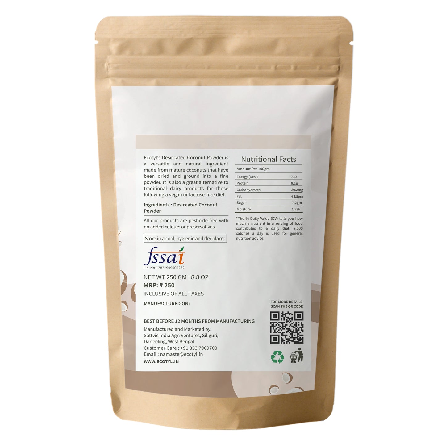 Ecotyl's Desiccated Coconut Powder - 250 G