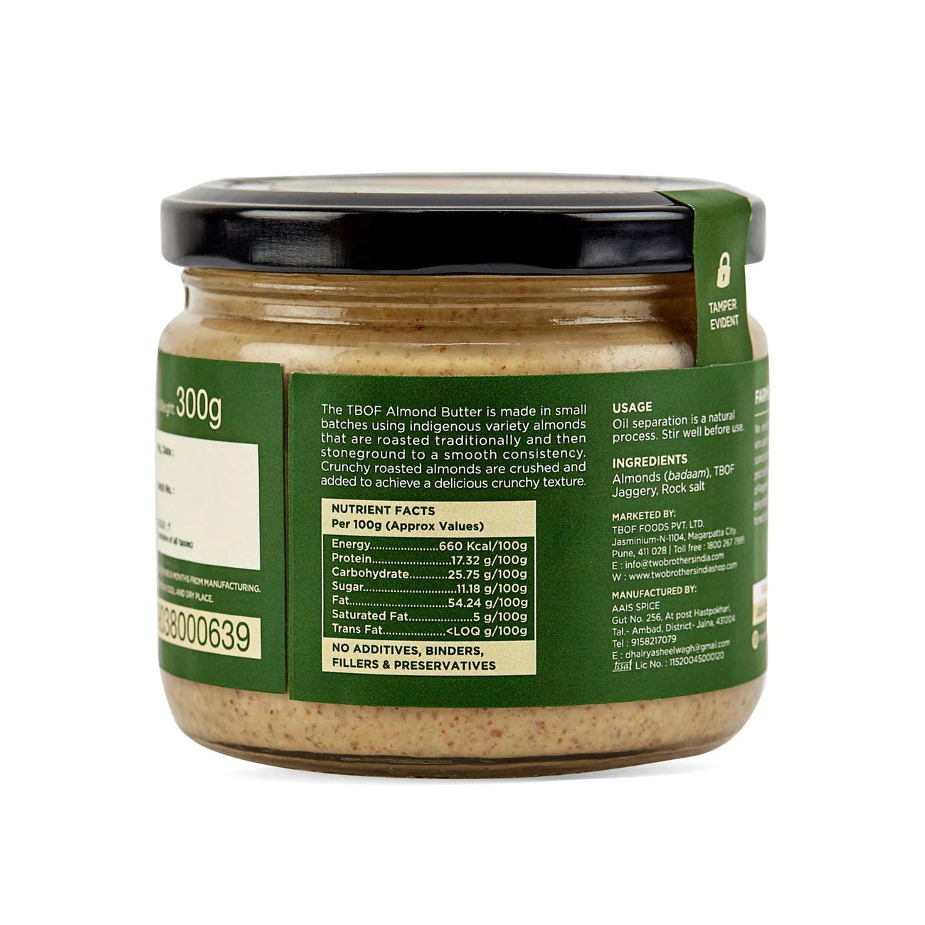 Two Brothers Organic Farms Almond Butter with Jaggery, Crunchy, Tasty and Healthy 300Gms
