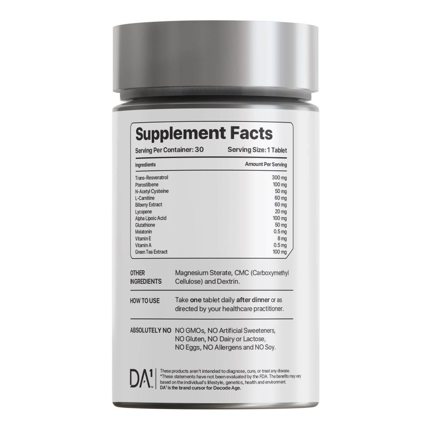 Decode Age ResVit™ Supplement | Antioxidant Supplement Blend | Supports Heart, Brain, and Eye Health | Trans Resveratrol, Pterostilbene, NAC, Vitamin E and A | 30 Tablets, Vegan