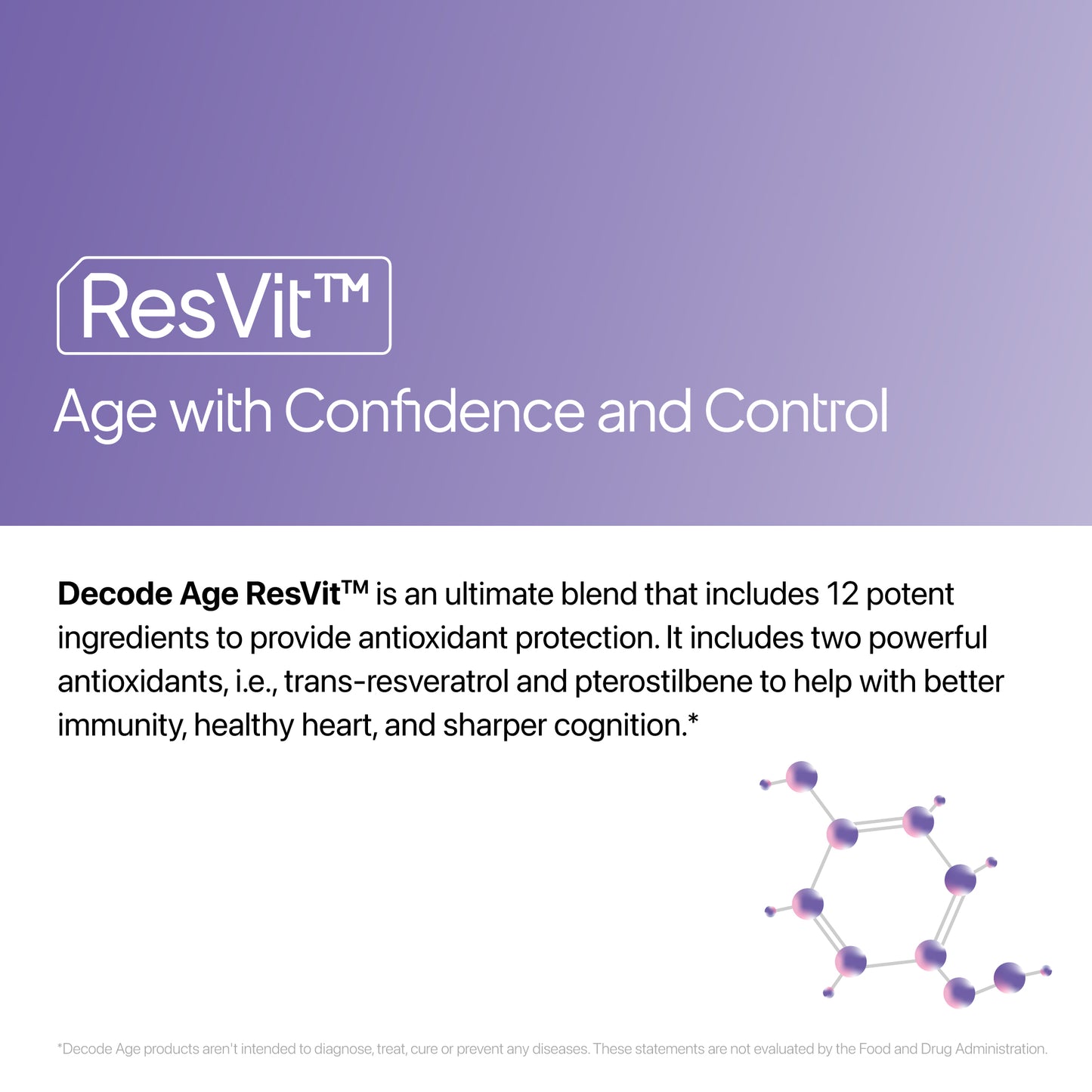 Decode Age ResVit™ Supplement | Antioxidant Supplement Blend | Supports Heart, Brain, and Eye Health | Trans Resveratrol, Pterostilbene, NAC, Vitamin E and A | 30 Tablets, Vegan