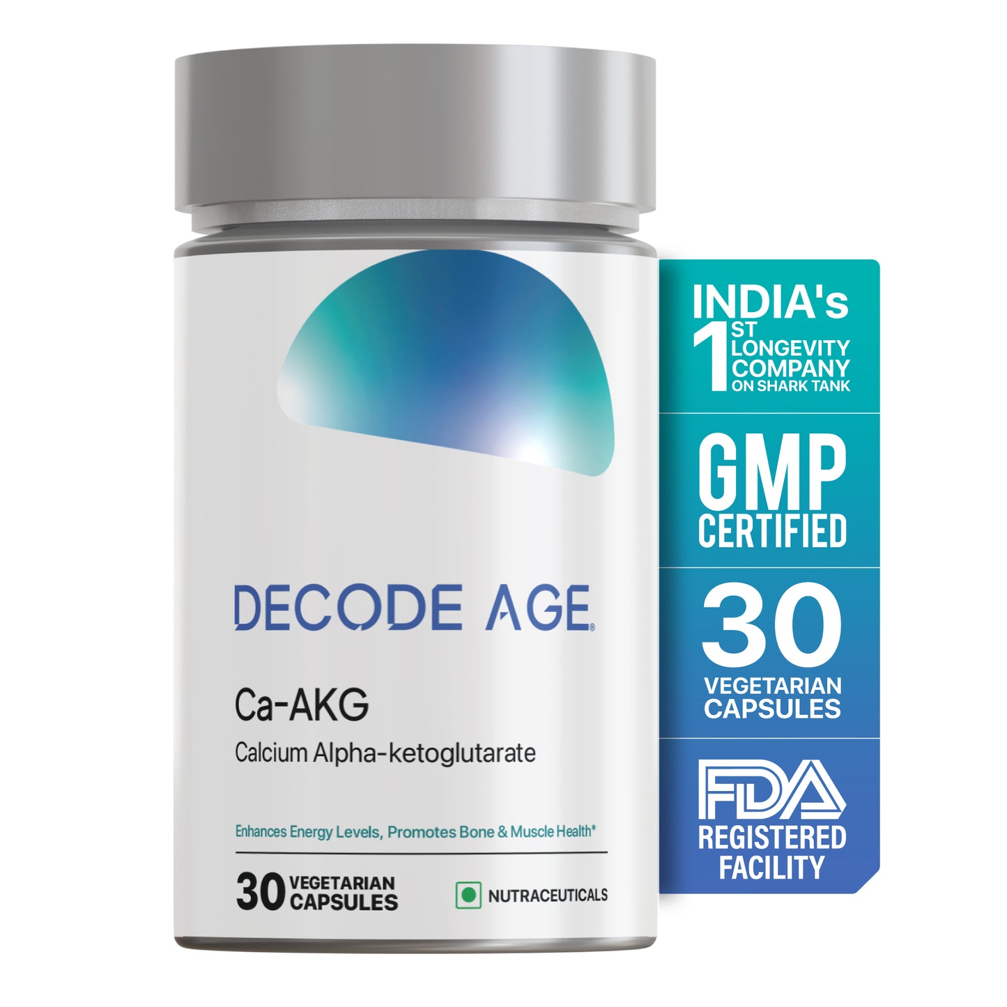 Decode Age Ca AKG Supplement | Calcium Alpha Ketoglutarate | Support Stronger Muscles and Bones, Energy and Immunity | 500mg, 30 Capsules, Vegan