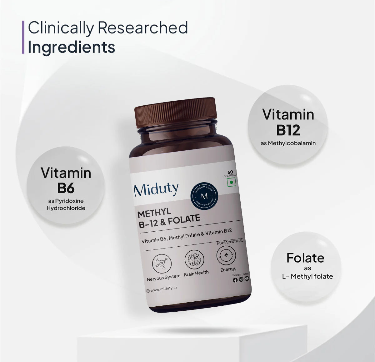 Miduty Vitamin B12 | Methyl B12, Folate & B6 Tablets | Chewable