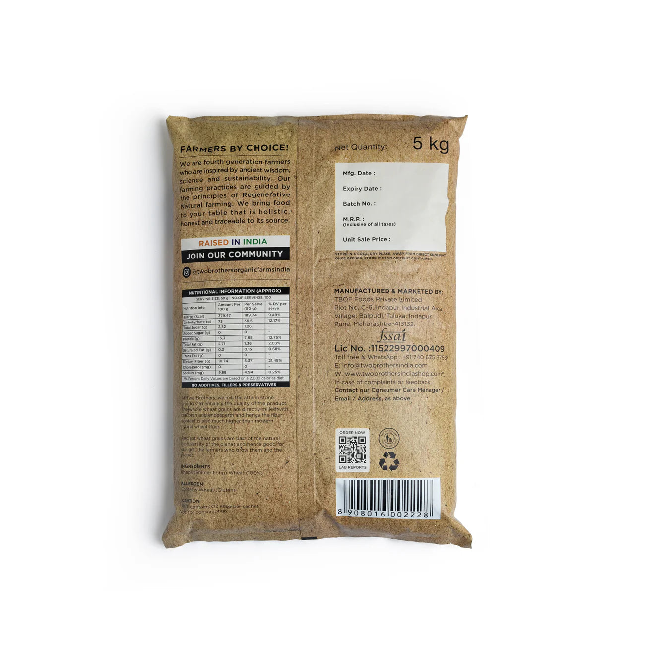 Two Brothers Organic Farms Khapli Wheat Atta (Emmer Wheat Flour) Atta Stone Ground 5 KG