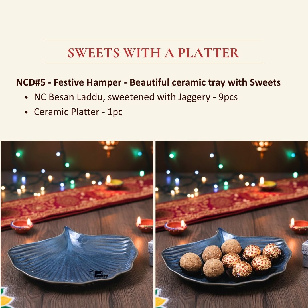 Nutri Couture Blue Ceramic Platter with Besan Laddu - 9 Pcs