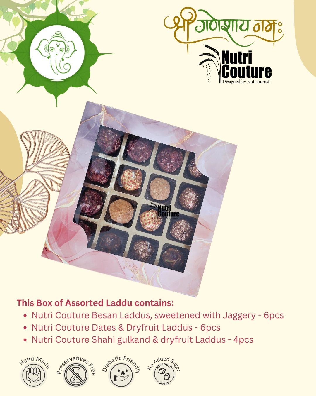 Nutri Couture Assorted Laddu Box - Refined Sugar free – Healthy Festive Gift | No Sugar | Diabetic-Friendly