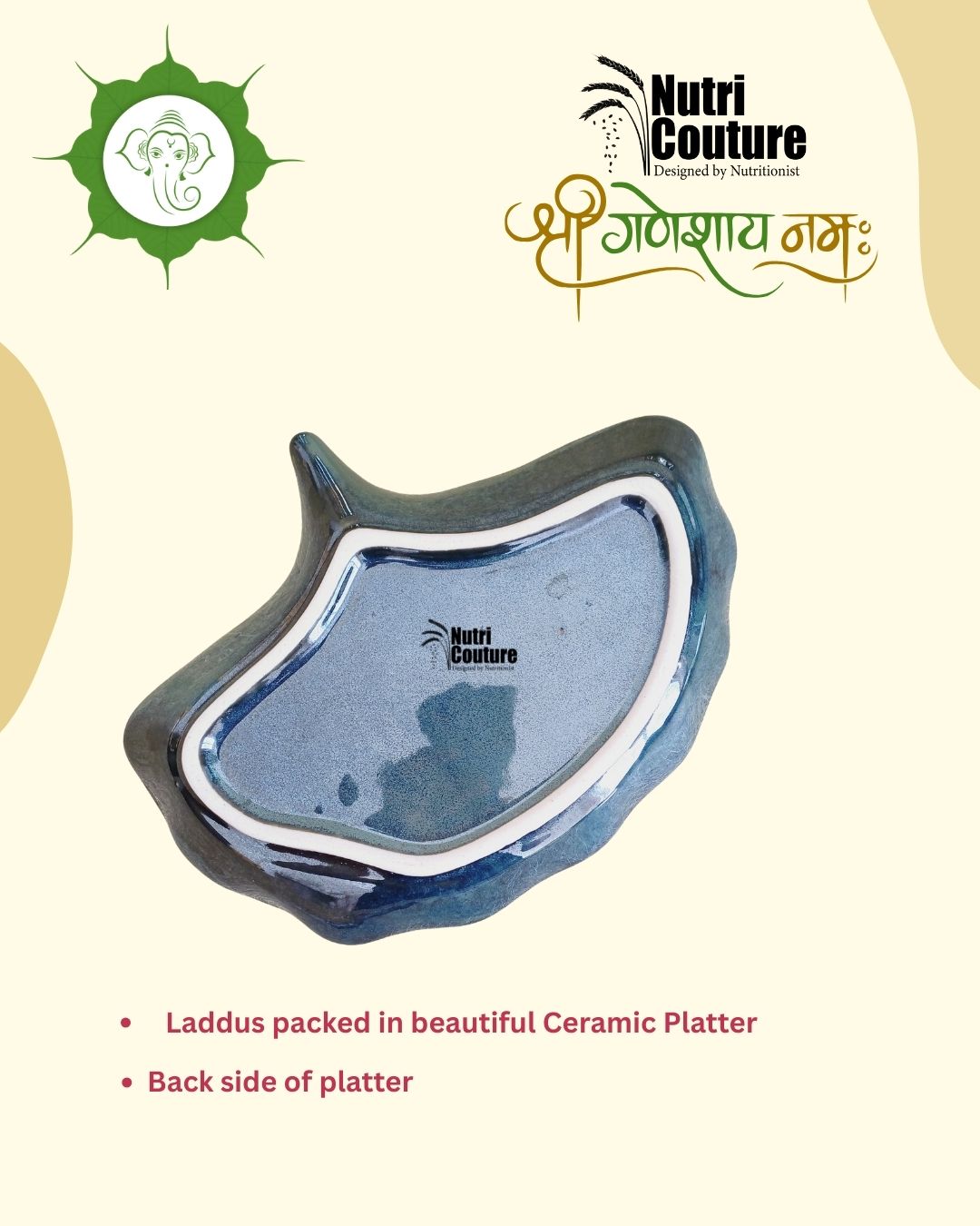 Nutri Couture Besan Laddus Platter (9pcs) – Healthy Festive Gift | Sweetened with Jaggery | Diabetic-Friendly | Premium Ceramic Platter