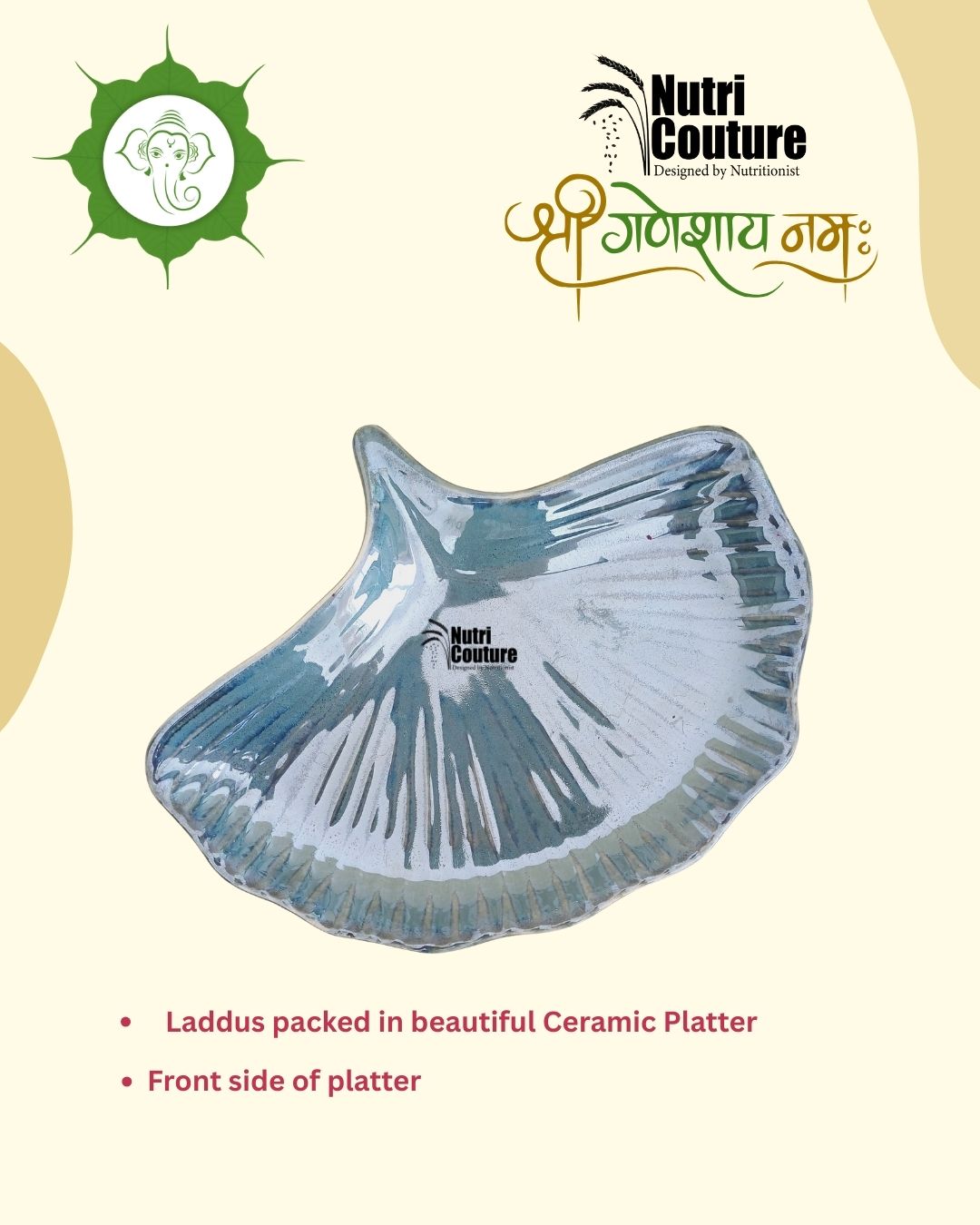 Nutri Couture Besan Laddus Platter (9pcs) – Healthy Festive Gift | Sweetened with Jaggery | Diabetic-Friendly | Premium Ceramic Platter