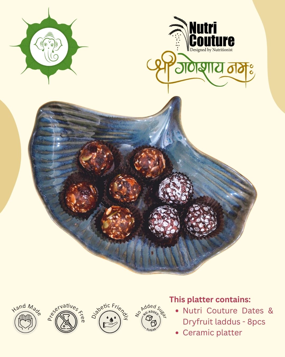 Nutri Couture Dates & Dryfruit Laddus Platter (8 pcs) – Healthy Festive Gift | No Sugar | Diabetic-Friendly | Premium Ceramic Platter