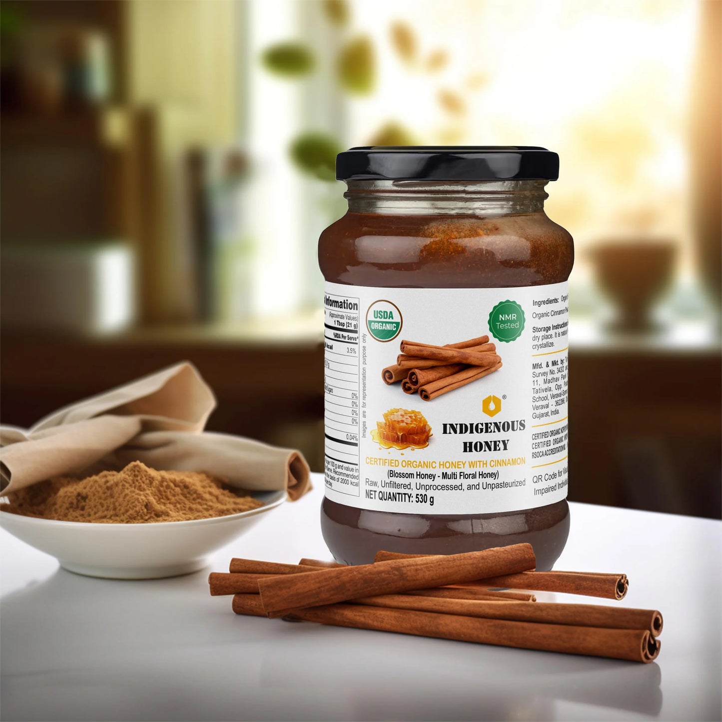 Raw Organic Honey with Infused Cinnamon | Honey Immunity Booster- 530 g Glass Jar