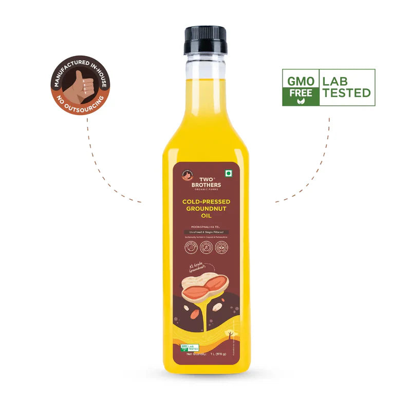 Two Brothers Organic Farms Groundnut Oil, Made using farm grown Groundnuts | Cold-Pressed and Single-Filtered Oil for healthier Cooking | Kacchi Ghani/Mara Chekku, Natural and Unrefined 1 Litre