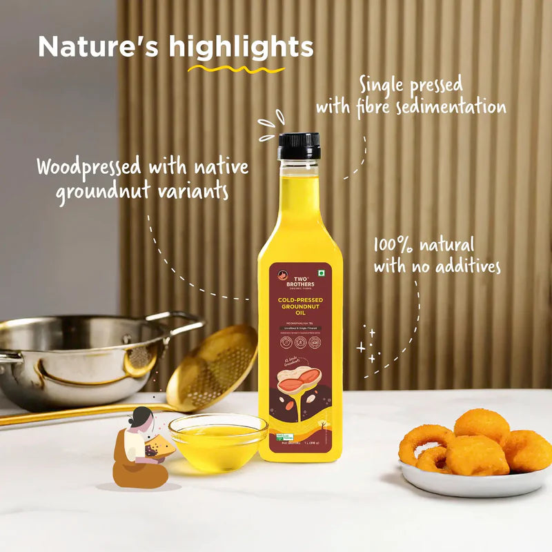 Two Brothers Organic Farms Groundnut Oil, Made using farm grown Groundnuts | Cold-Pressed and Single-Filtered Oil for healthier Cooking | Kacchi Ghani/Mara Chekku, Natural and Unrefined 1 Litre