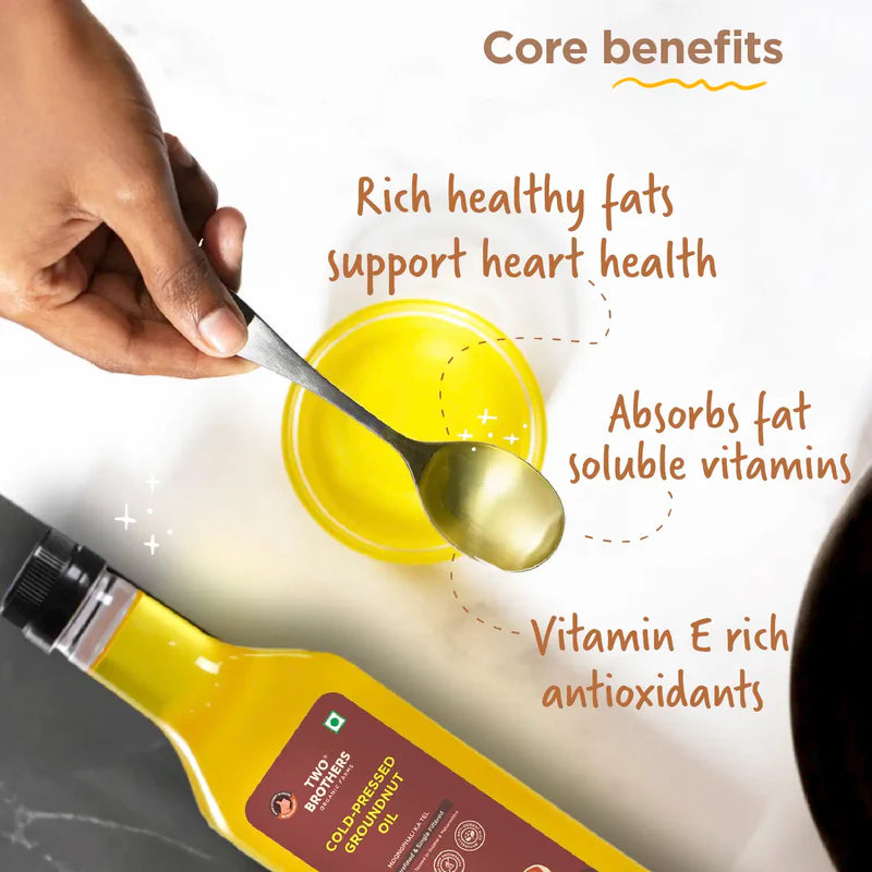 Two Brothers Organic Farms Groundnut Oil, Made using farm grown Groundnuts | Cold-Pressed and Single-Filtered Oil for healthier Cooking | Kacchi Ghani/Mara Chekku, Natural and Unrefined 1 Litre