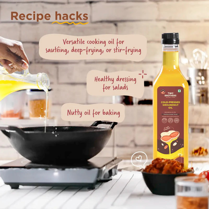Two Brothers Organic Farms Groundnut Oil, Made using farm grown Groundnuts | Cold-Pressed and Single-Filtered Oil for healthier Cooking | Kacchi Ghani/Mara Chekku, Natural and Unrefined 1 Litre