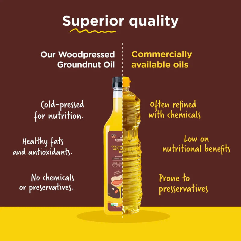 Two Brothers Organic Farms Groundnut Oil, Made using farm grown Groundnuts | Cold-Pressed and Single-Filtered Oil for healthier Cooking | Kacchi Ghani/Mara Chekku, Natural and Unrefined 1 Litre
