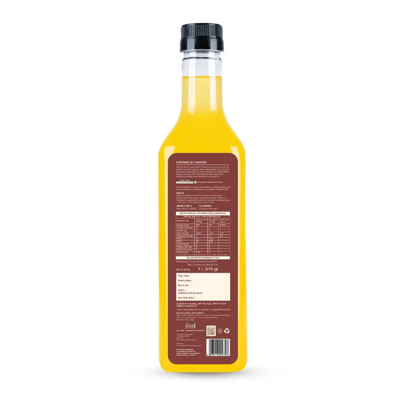 Two Brothers Organic Farms Groundnut Oil, Made using farm grown Groundnuts | Cold-Pressed and Single-Filtered Oil for healthier Cooking | Kacchi Ghani/Mara Chekku, Natural and Unrefined 1 Litre