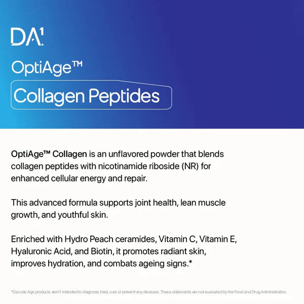 Decode Age OptiAge Collagen Supplement | Supports Hair, Skin, Bone and Joint Health | Type 1 Hydrolysed Collagen, HydroPeach, NR, Vitamin C& E, Hyaluronic Acid, Biotin | 75 gm, 14 Servings