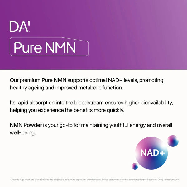 Decode Age Pure NMN | 99.9% Pure Beta NMN | High Bioavailability | NAD+ Booster for Energy, Metabolism, Cellular Repair & Skin Health | 14gm, 46 Servings