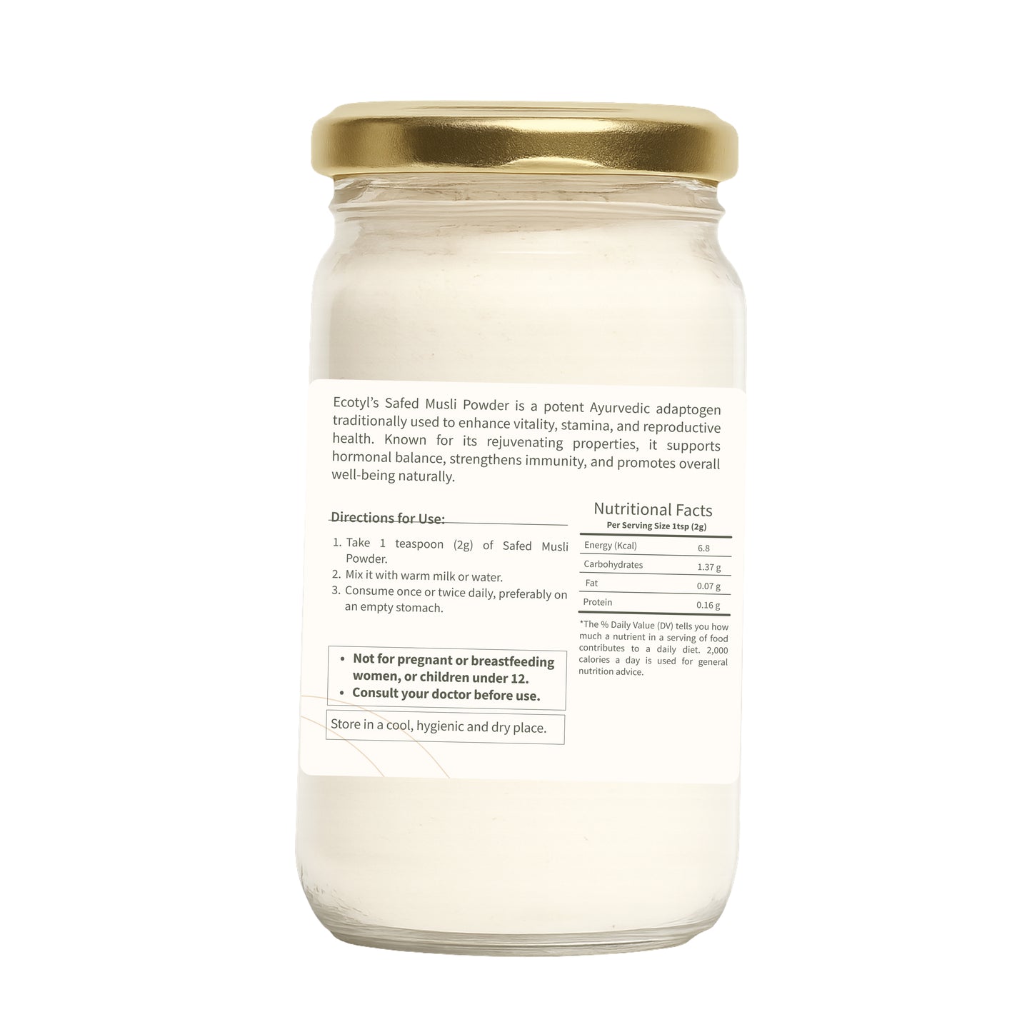Ecotyl's Safed Musli Raw Powder (100%) - 100g