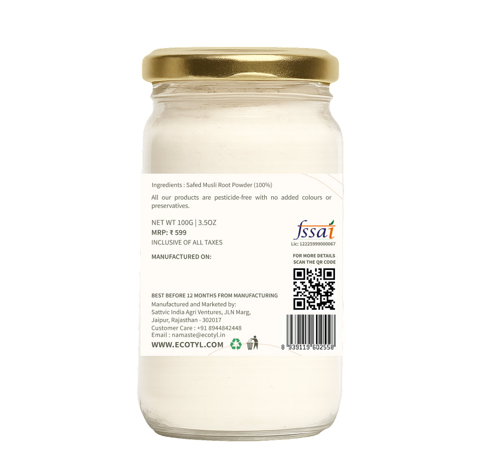 Ecotyl's Safed Musli Raw Powder (100%) - 100g